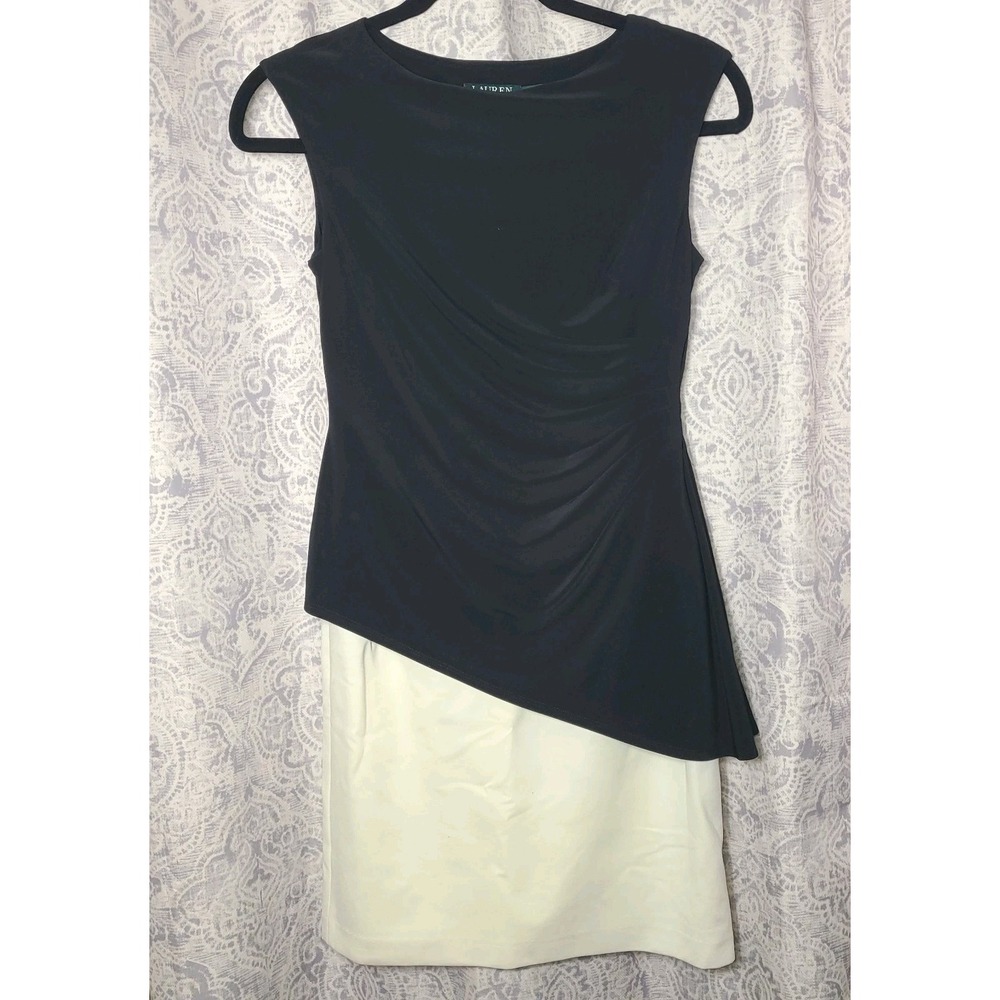 Lauren Ralph Lauren Dress 10 Black Ivory Asymmetrical Ruched Sheath Cocktail